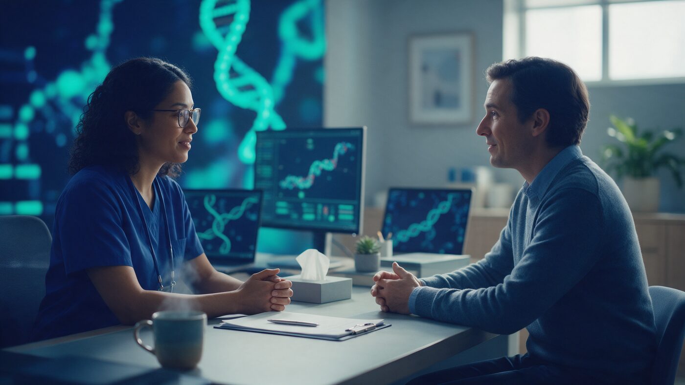 Editorial photograph of a genetic counselor consulting with a patient in a modern clinical office, deep navy and teal tones, evoking Medicare billing policy for genetic counseling services