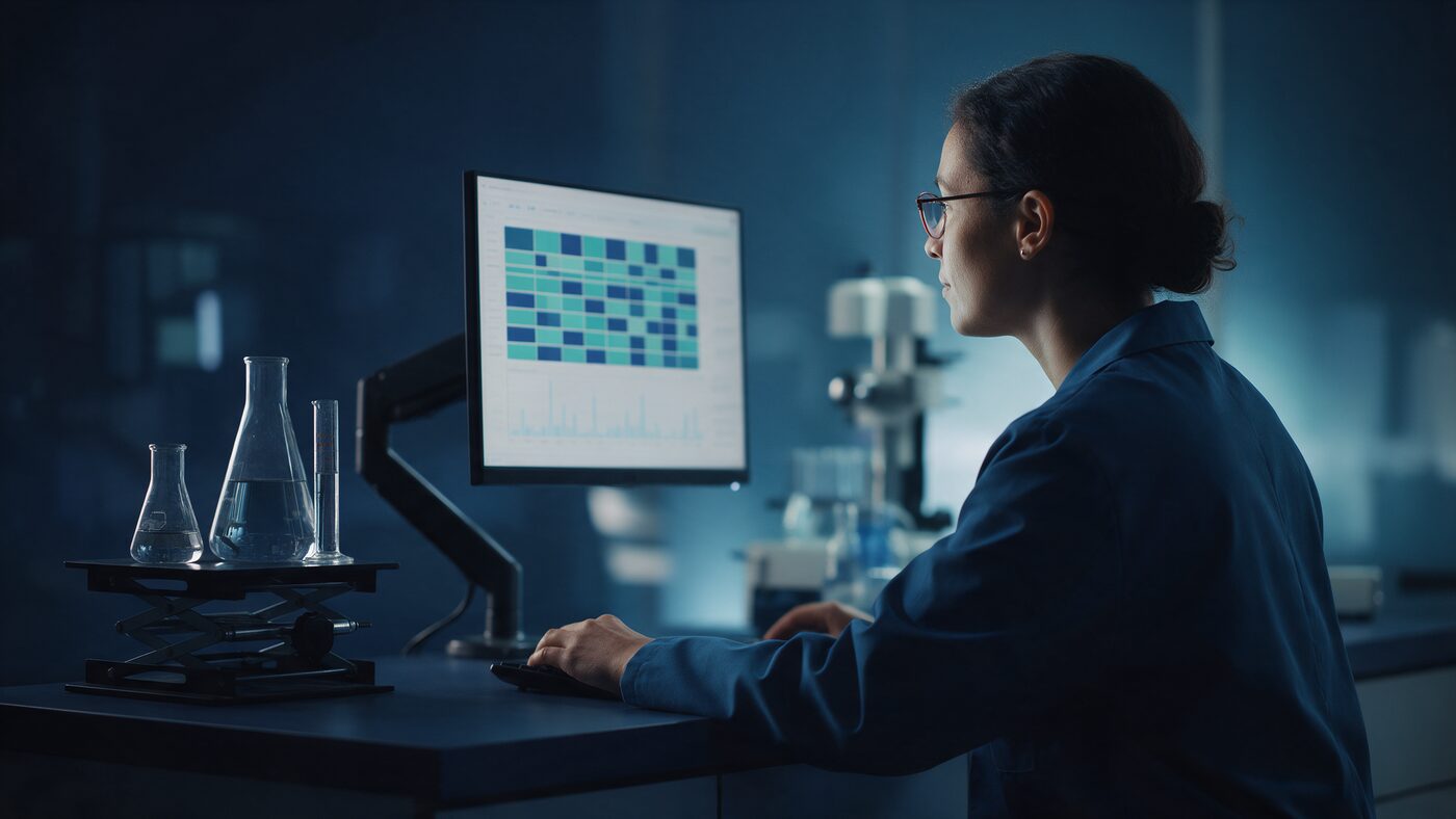 Clinical genomics laboratory scientist reviewing a gene variant report on a monitor in navy and teal tones