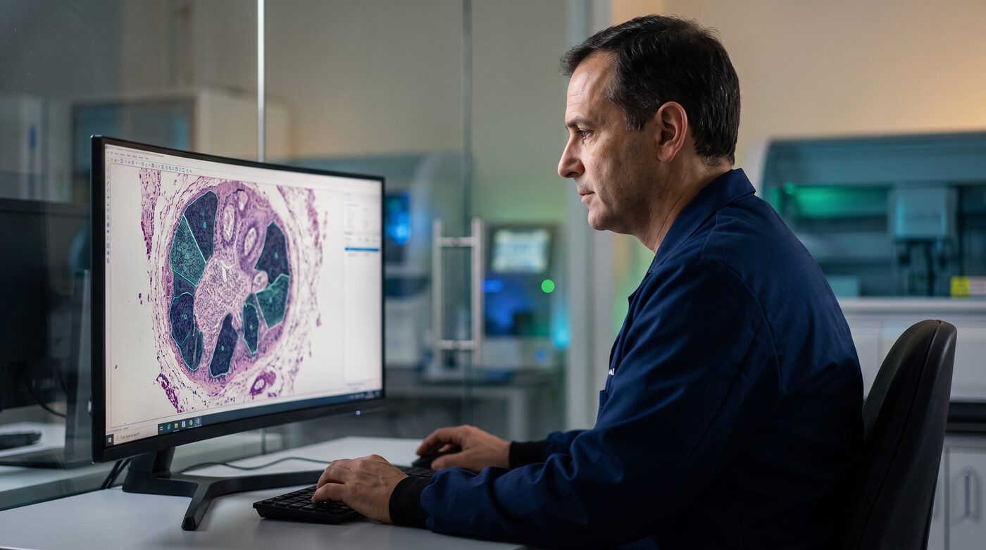 Pathologist reviewing a digital whole-slide pathology image on a large monitor in a modern molecular diagnostics laboratory, navy and teal editorial lighting