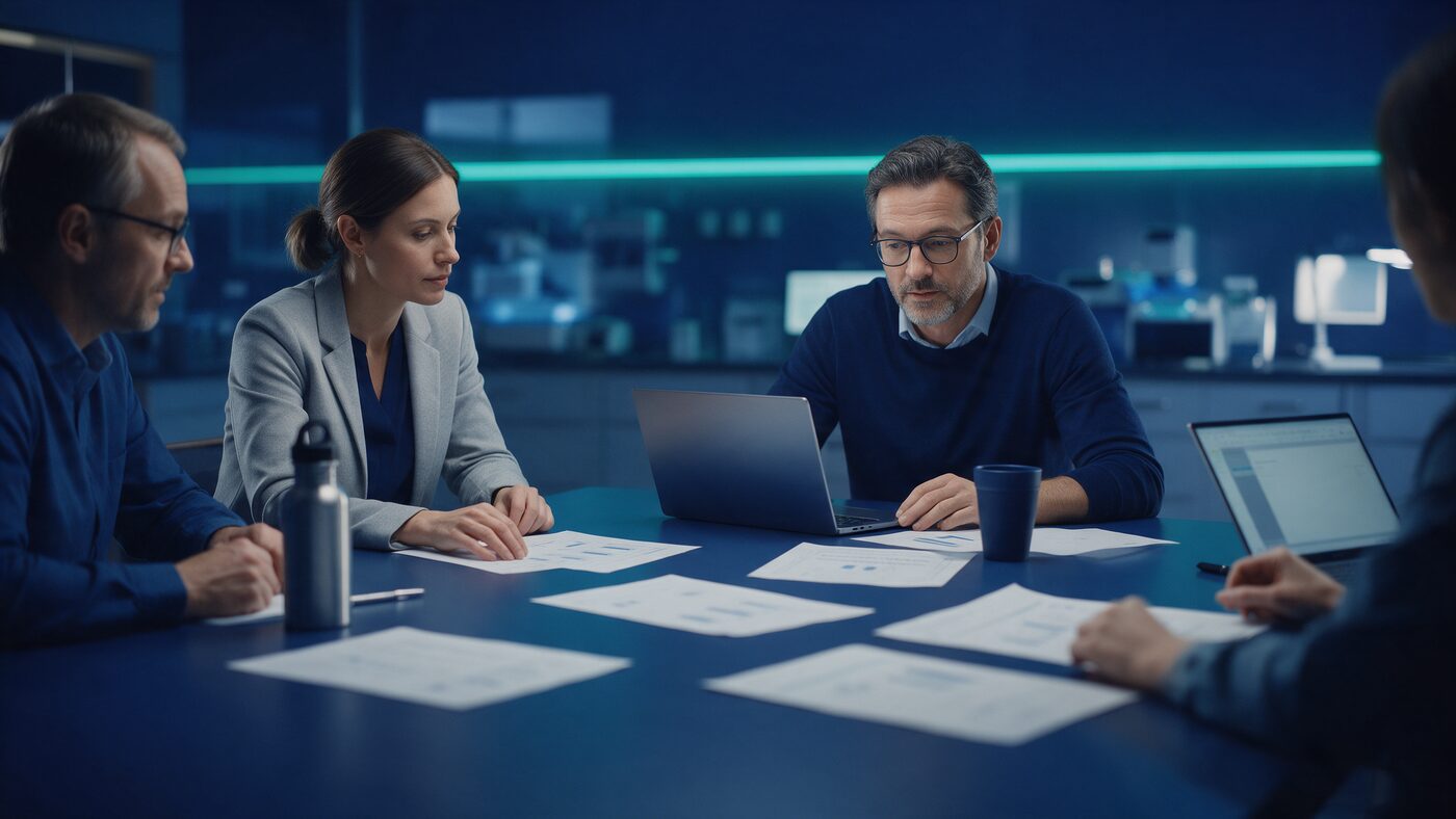 Professionals reviewing laboratory payment data in a conference room