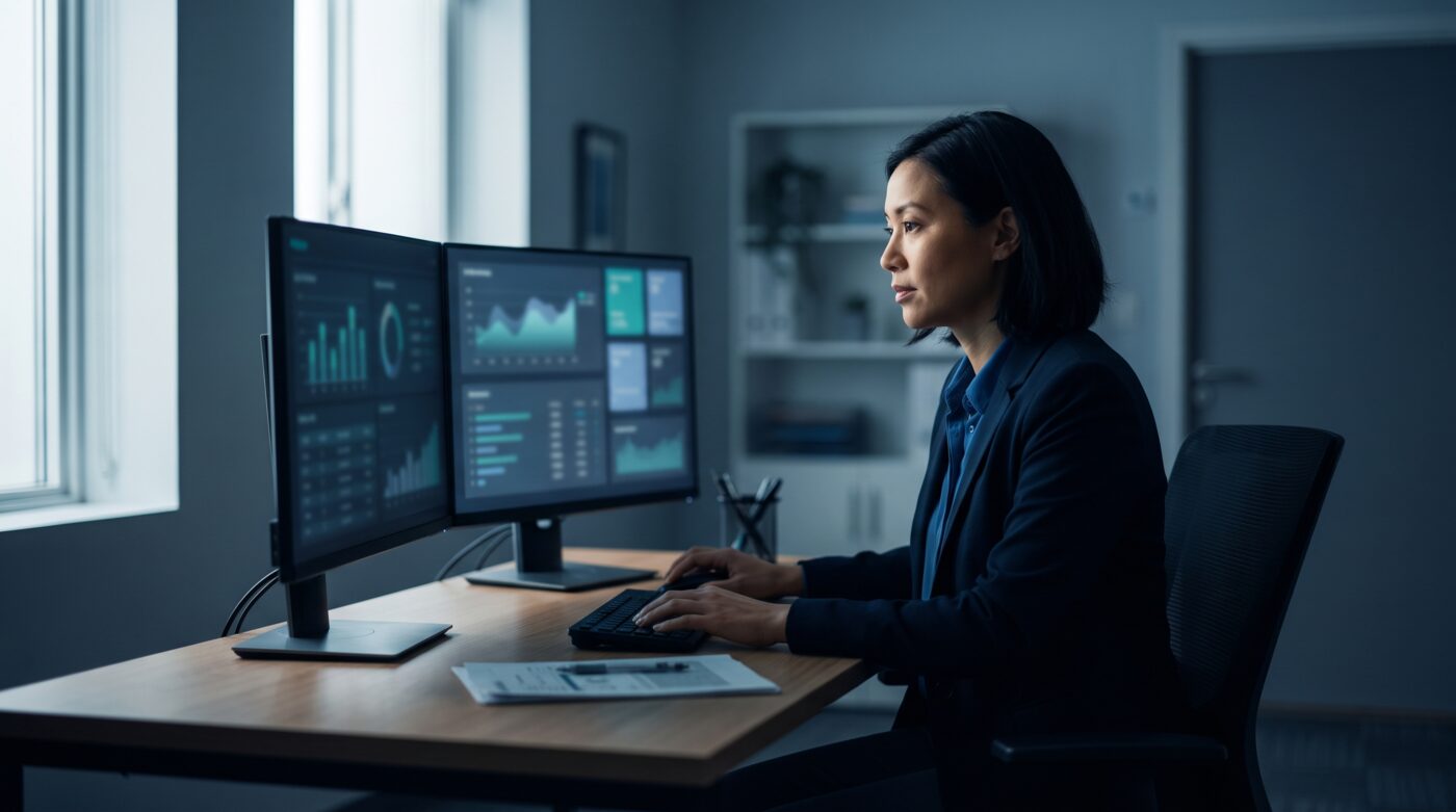 Laboratory revenue-cycle analyst reviewing Medicare reimbursement forecasts on screen