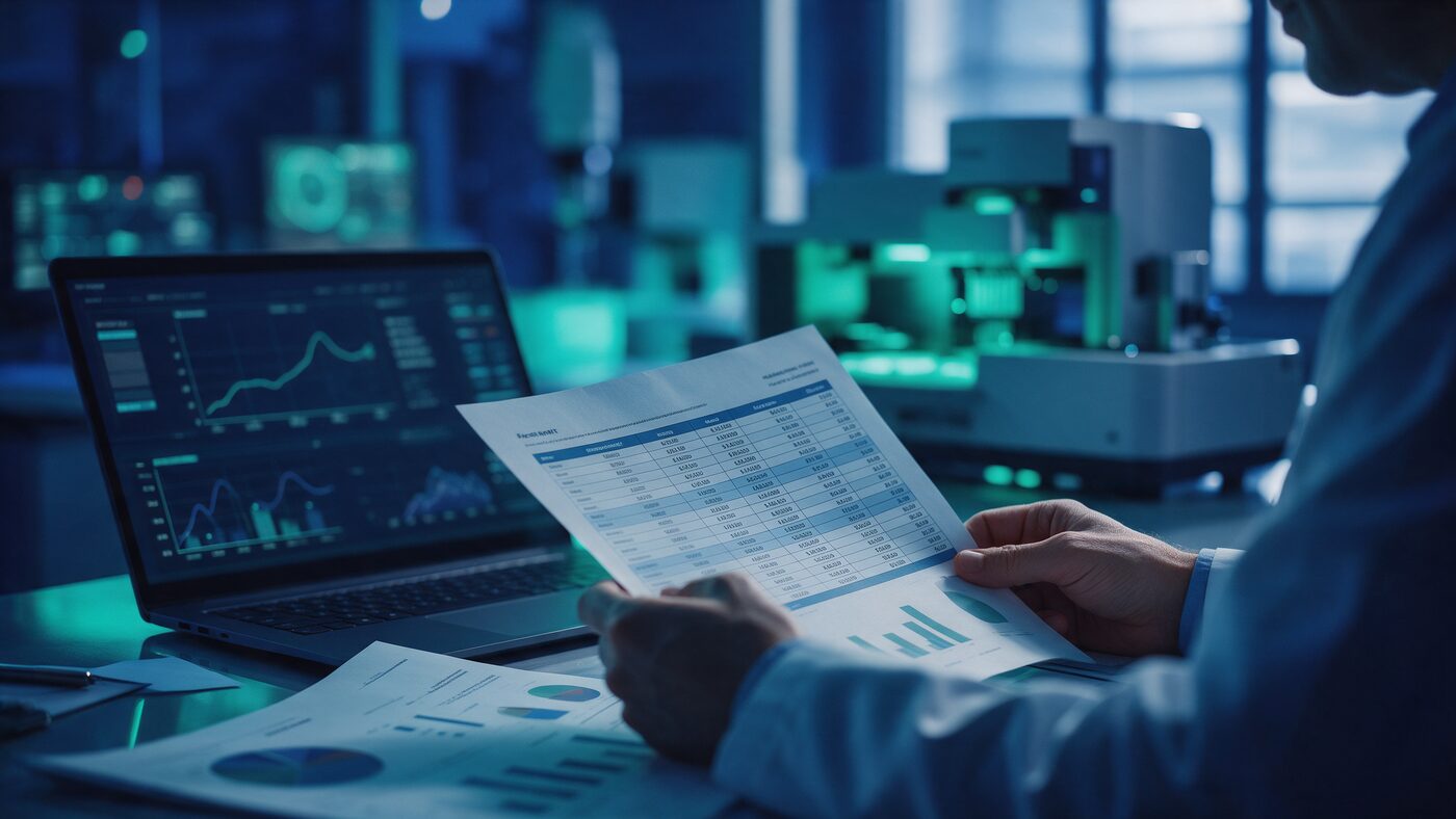 Editorial photograph of a molecular laboratory revenue-cycle office reviewing fee schedule data in navy and teal tones