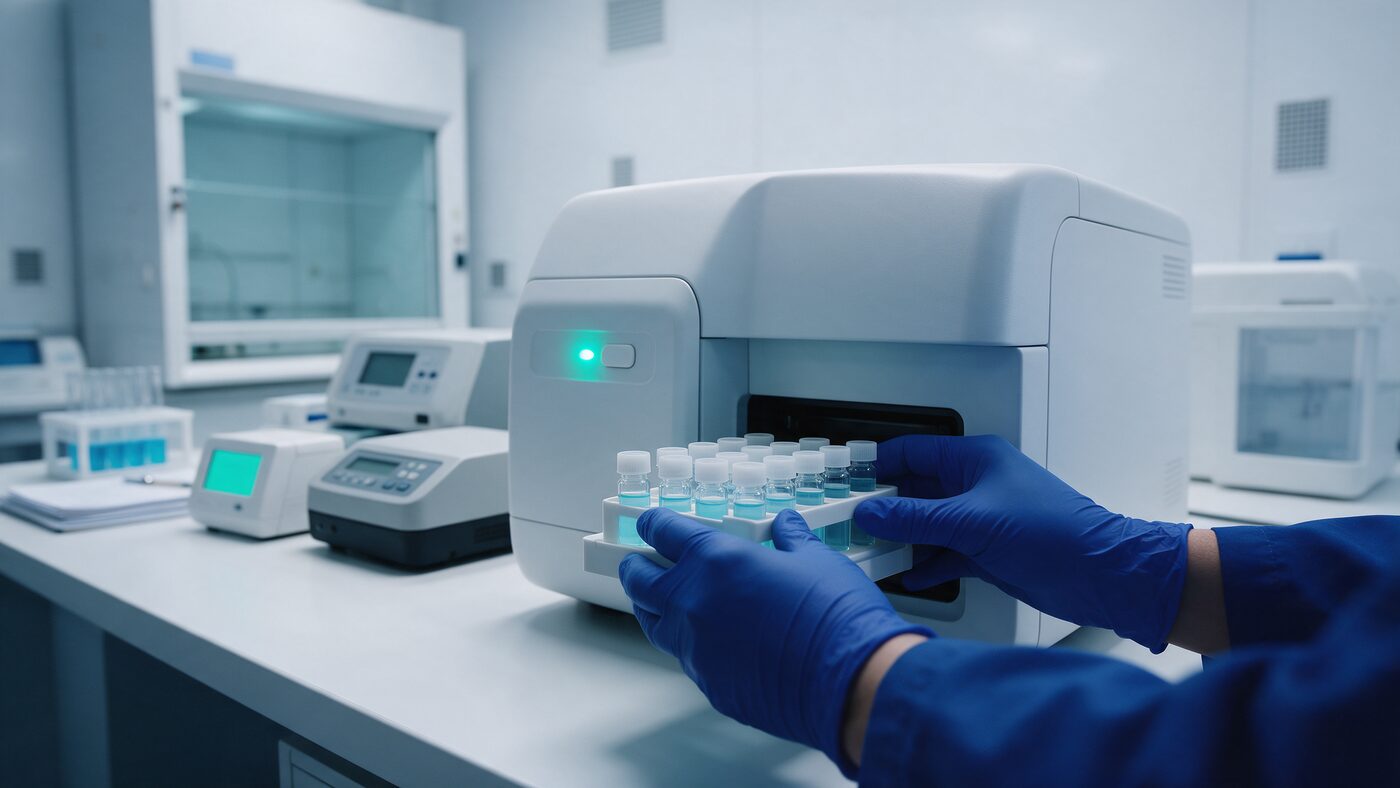 Technician loading a sample tray into a genetic sequencer in a clinical molecular laboratory