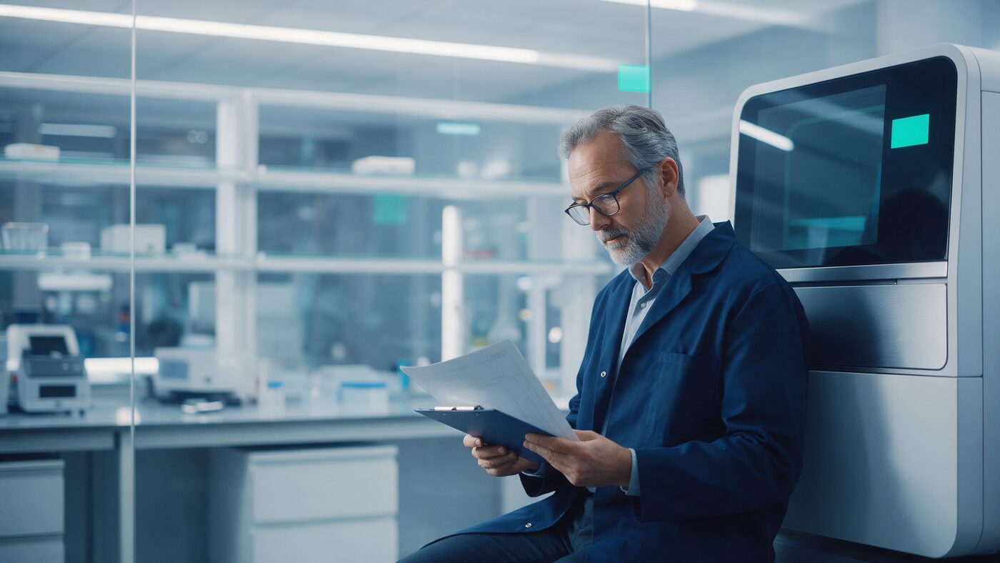Laboratory director reviewing quality documentation beside a modern sequencing instrument