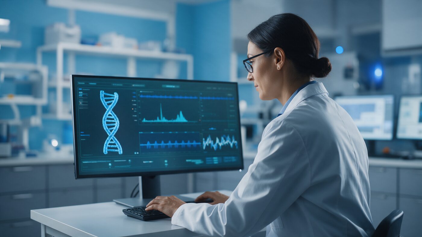 Laboratory director reviewing digital data on a monitor in a modern genetics lab