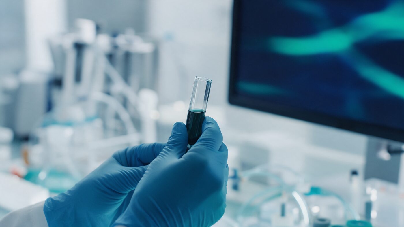 Editorial healthcare photograph in deep navy and teal tones of a clinical laboratory workstation with blurred data screens