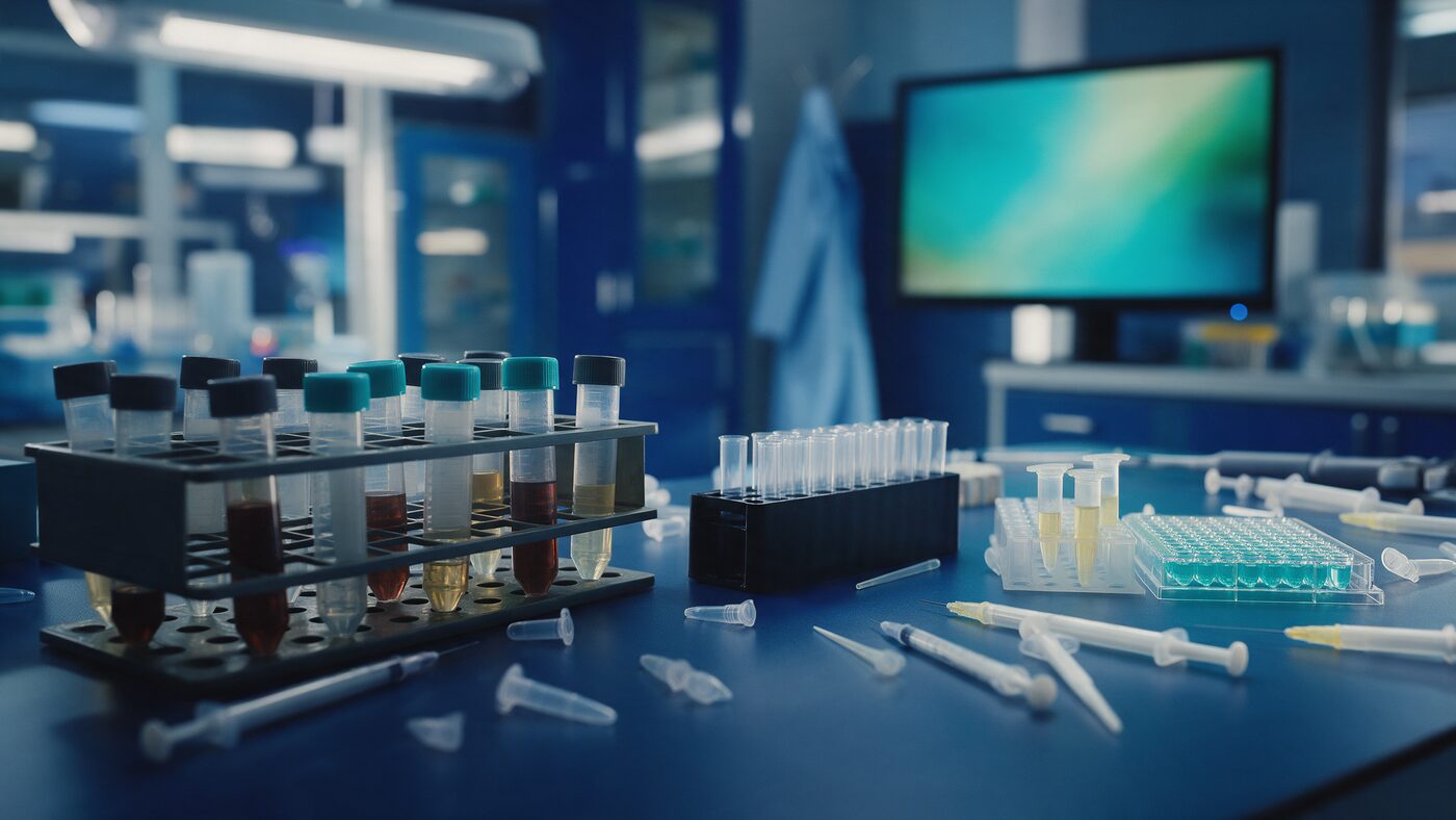 Editorial photograph in deep navy and teal of a molecular diagnostics laboratory bench with sample tubes and a blurred review monitor