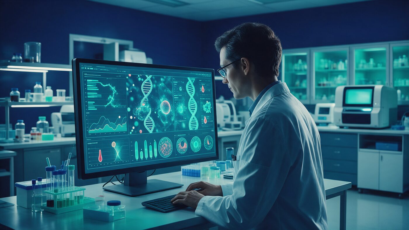 Editorial photograph of a molecular genetics laboratory scientist reviewing genomic data visualizations on a monitor, toned in deep navy and teal