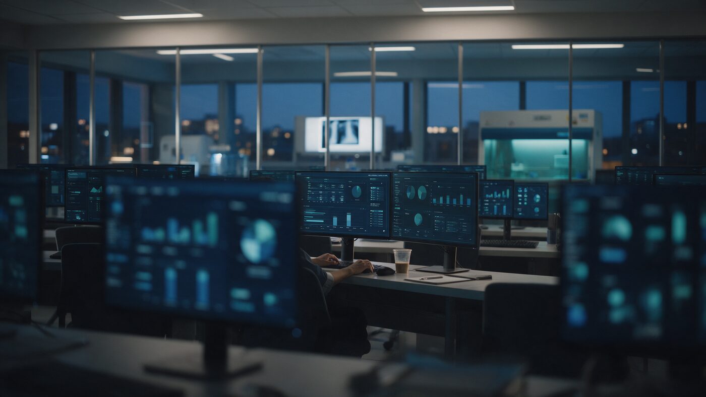 Editorial photograph of a hospital billing and revenue-cycle operations area with blurred data dashboards, in deep navy and teal tones, evoking Medicare payment policy for algorithm-based diagnostics