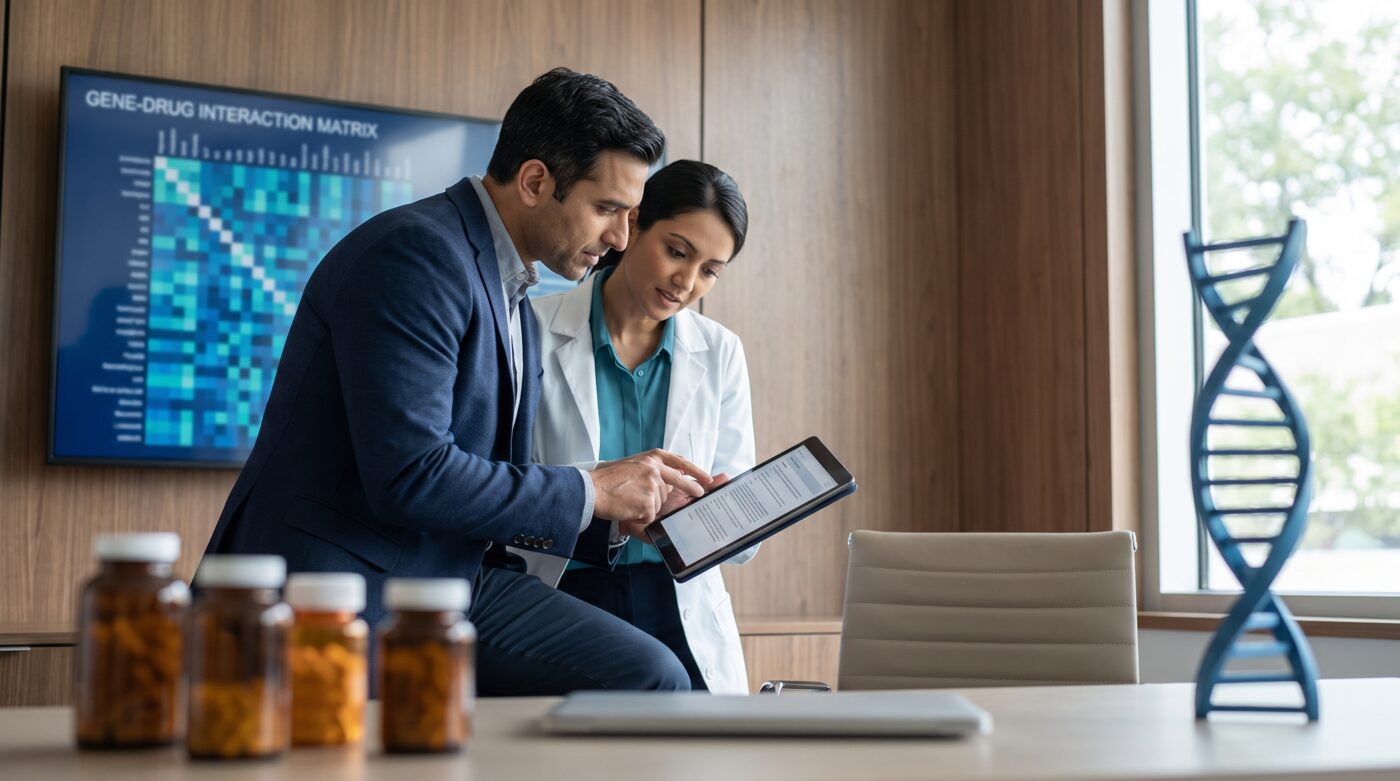 Pharmacist and physician reviewing gene-drug interactions for CPIC-guided pharmacogenomic testing