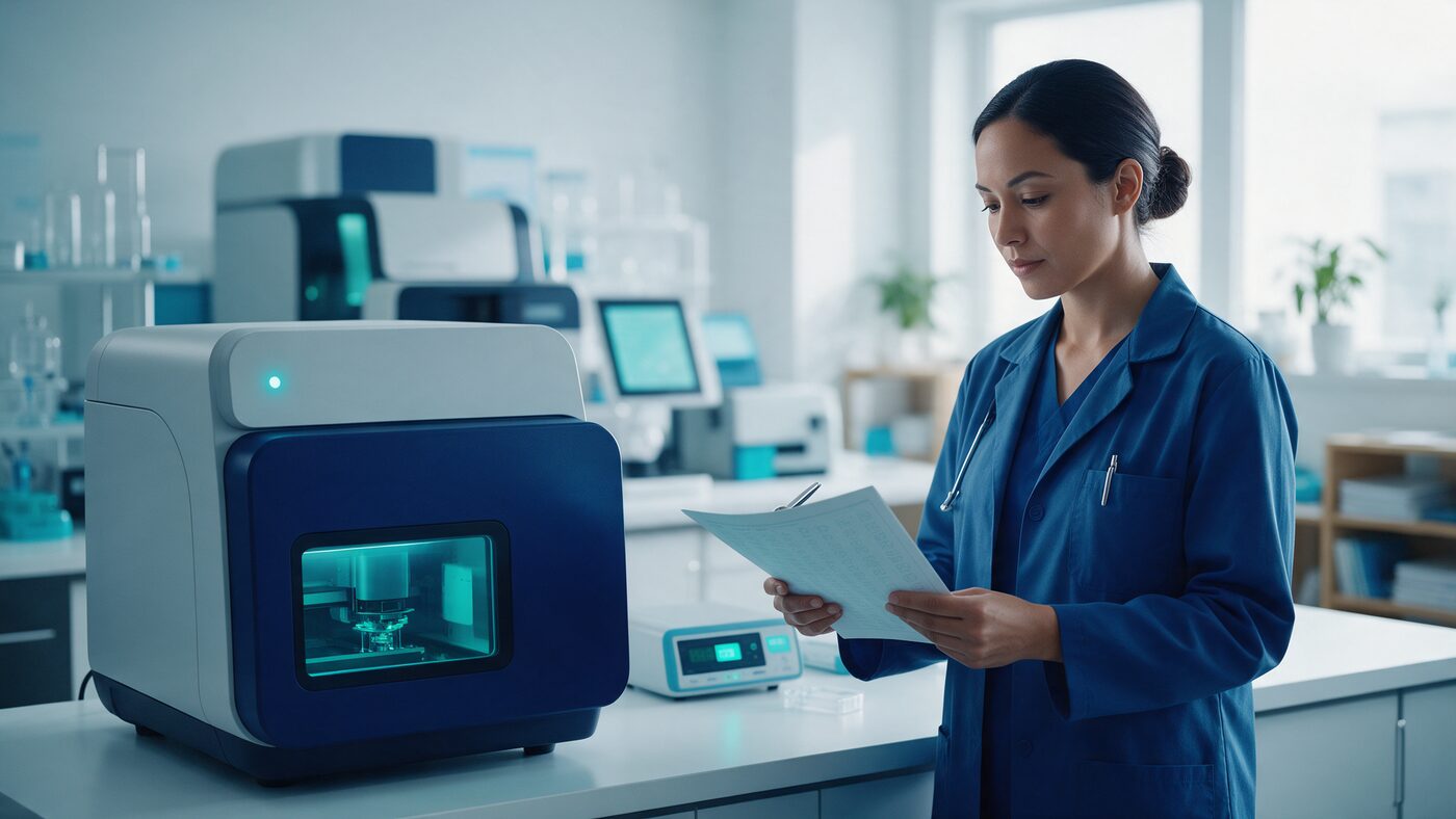 Billing specialist reviewing coded claim paperwork beside a sequencing instrument in a molecular lab
