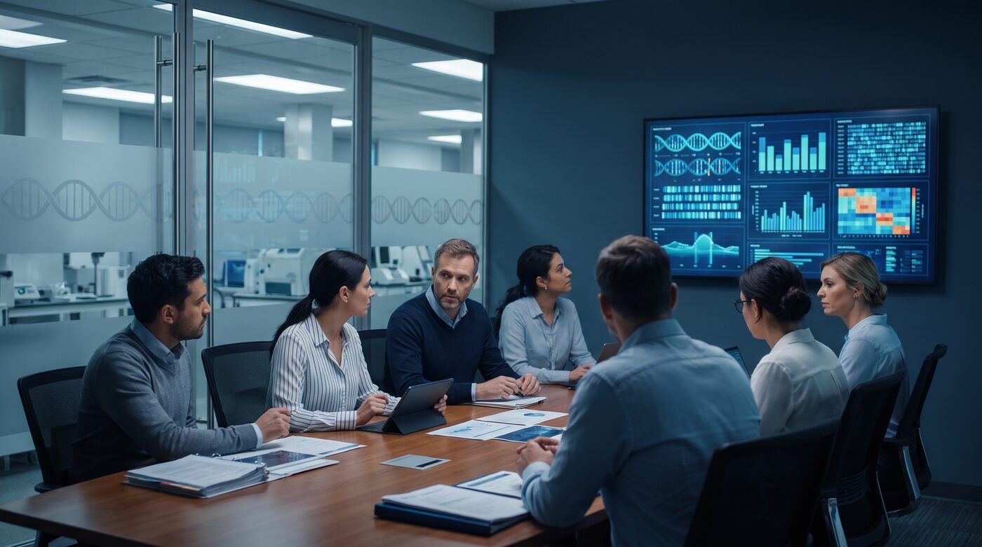 Molecular diagnostics laboratory conference room in navy and teal tones, representing clinical coding and compliance review