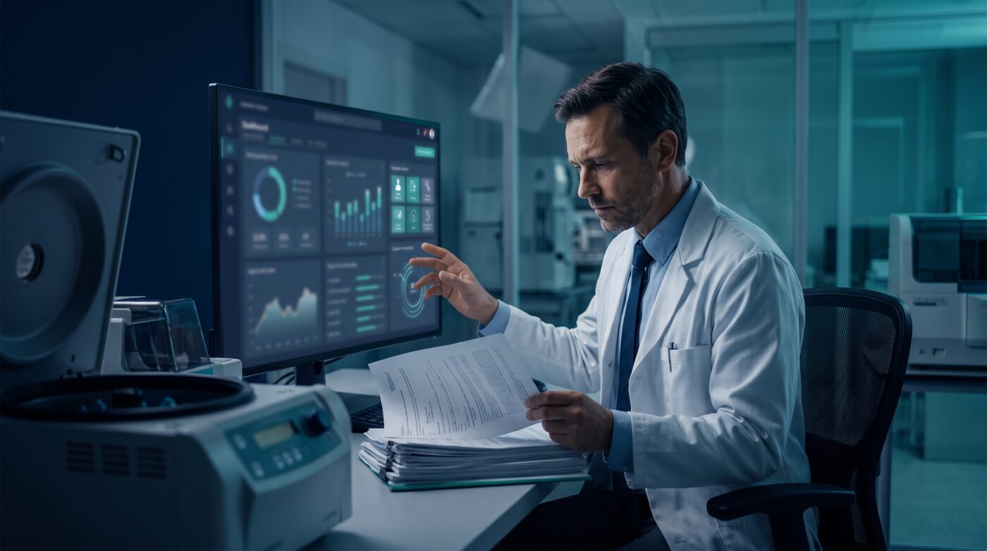 Navy and teal editorial photograph symbolizing federal regulatory oversight of molecular diagnostic laboratories