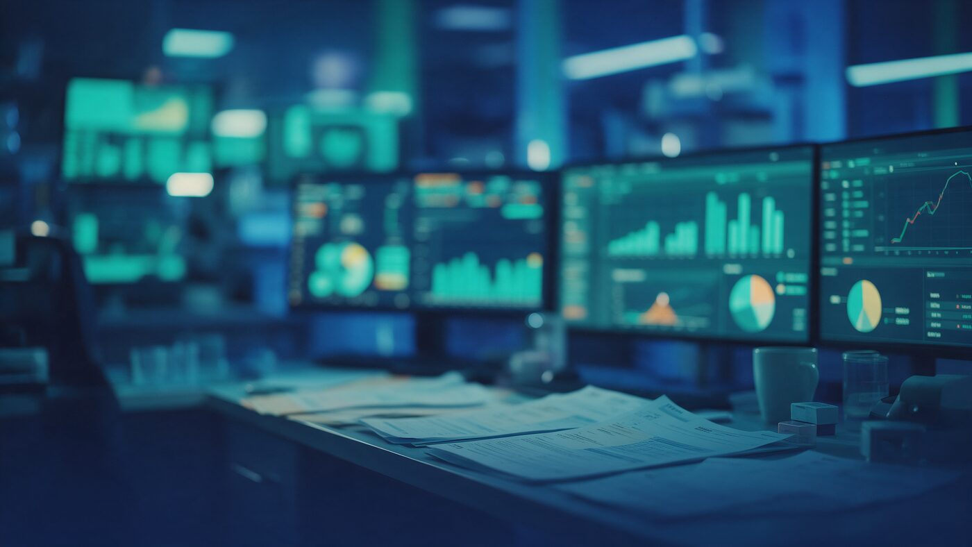Editorial photograph of a molecular laboratory revenue-cycle office with blurred claims dashboards, in deep navy and teal tones, evoking Medicare payment policy for pathology services