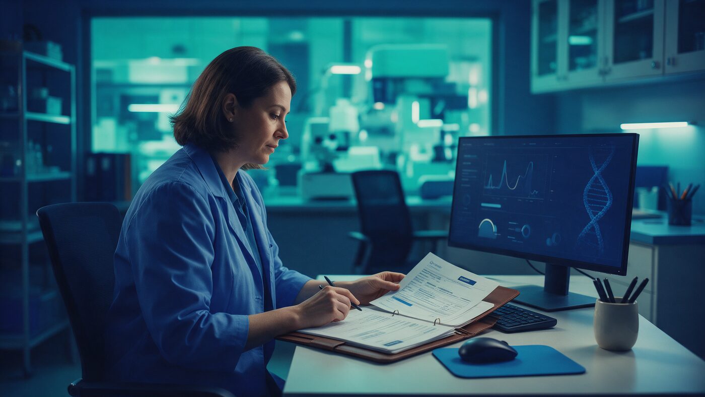 Editorial photo in navy and teal tones of a laboratory revenue-cycle office reviewing molecular diagnostic claims data