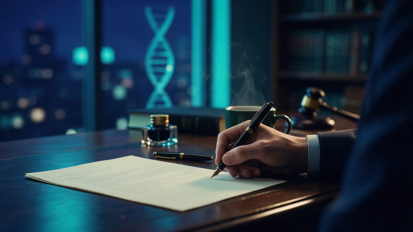 Editorial photograph evoking legal and compliance review at a molecular diagnostics laboratory, in deep navy and teal tones