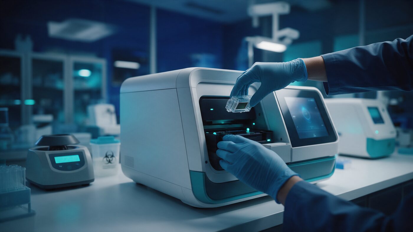 Editorial photograph in deep navy and teal of a molecular genetics laboratory with gloved hands loading a sequencing flow cell