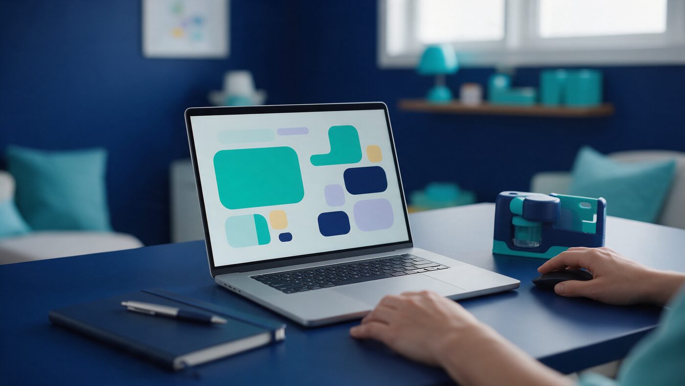 Pediatric clinic desk with laptop and specimen collection kit in navy and teal tones