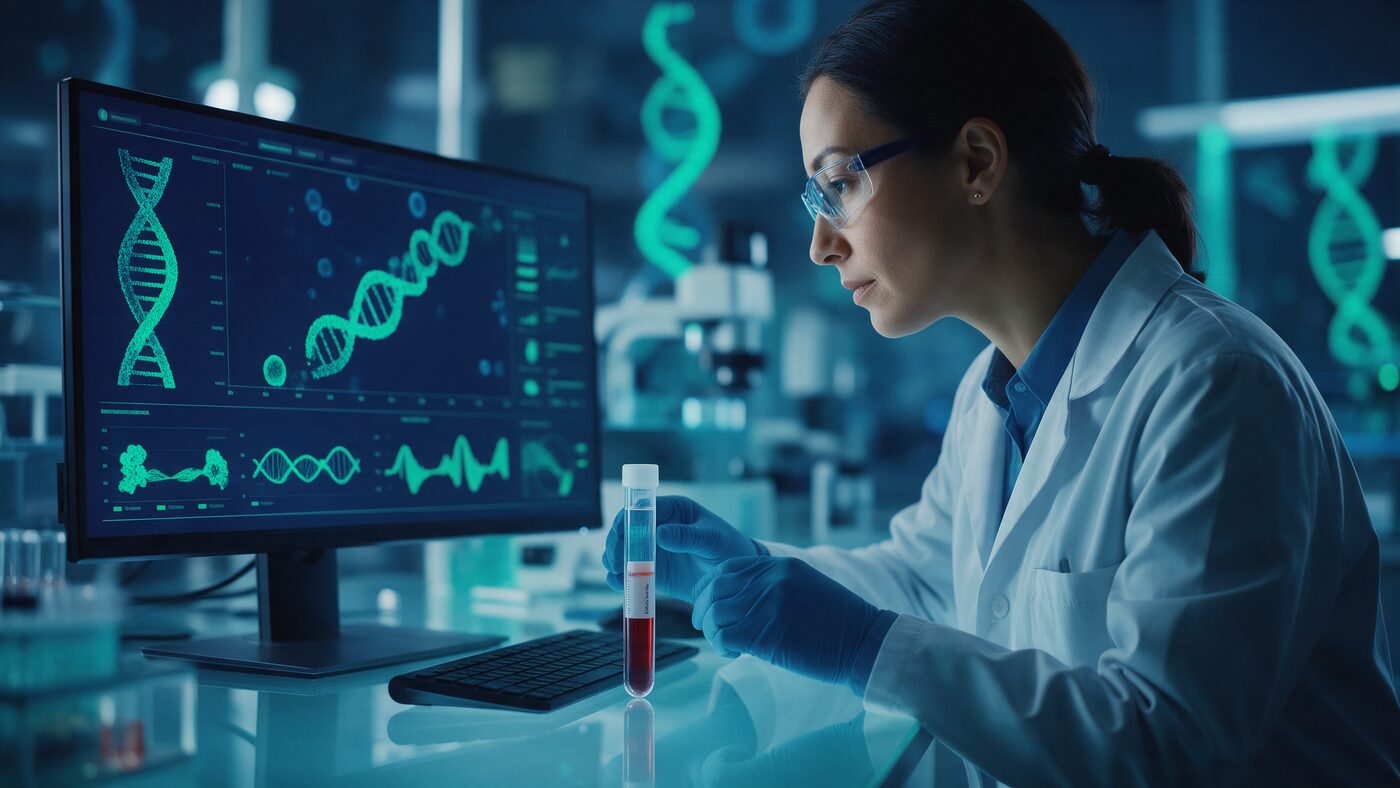 Molecular laboratory scientist reviewing genomic data visualizations on a monitor in a navy and teal toned clinical diagnostics lab