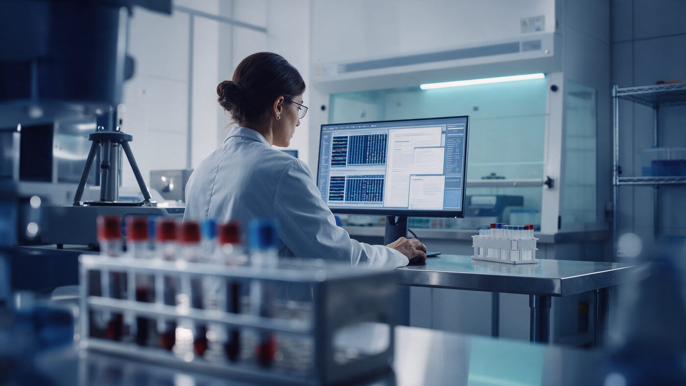 Molecular diagnostics laboratory scientist reviewing genomic sequencing data and regulatory documents on a monitor, deep navy and teal toned clinical setting