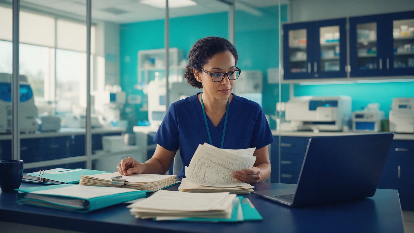 Compliance analyst reviewing laboratory claim audit documents in a navy and teal toned office