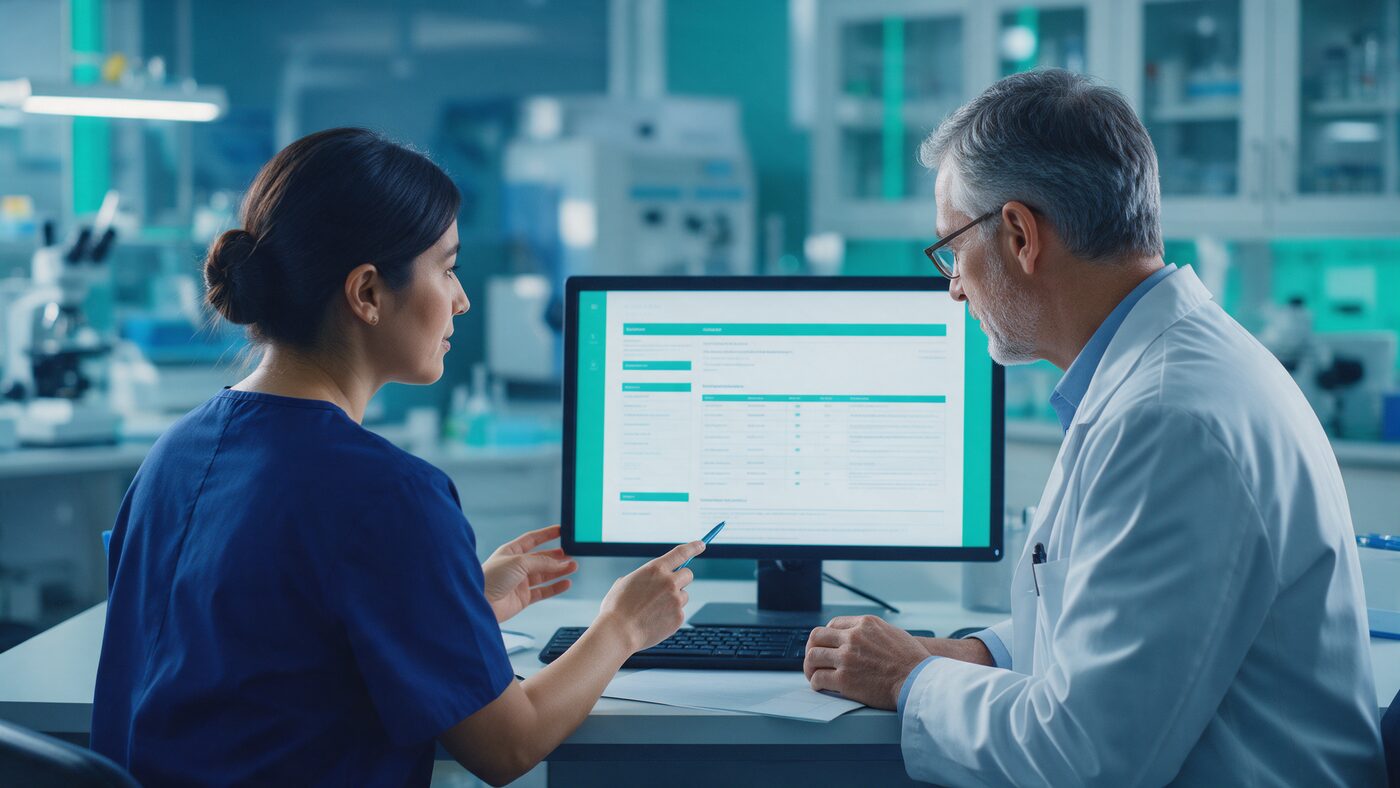 Genetic counselor and laboratory director reviewing a multigene panel report on a monitor in a modern genetics lab