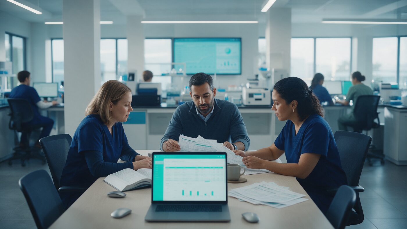 Laboratory revenue-cycle team reviewing molecular diagnostic billing codes on a laptop, navy and teal editorial photography