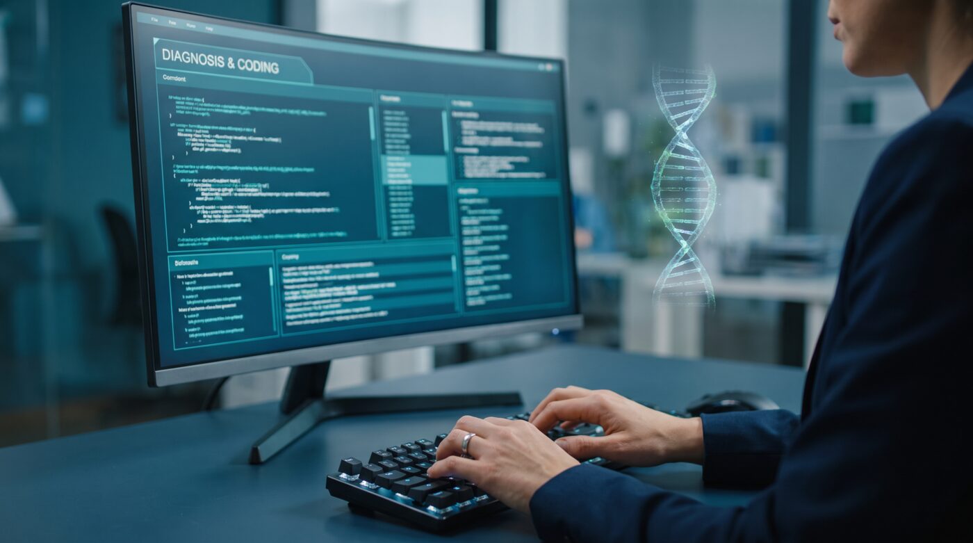 Medical coder entering ICD-10 diagnosis codes for genetic testing in an EHR