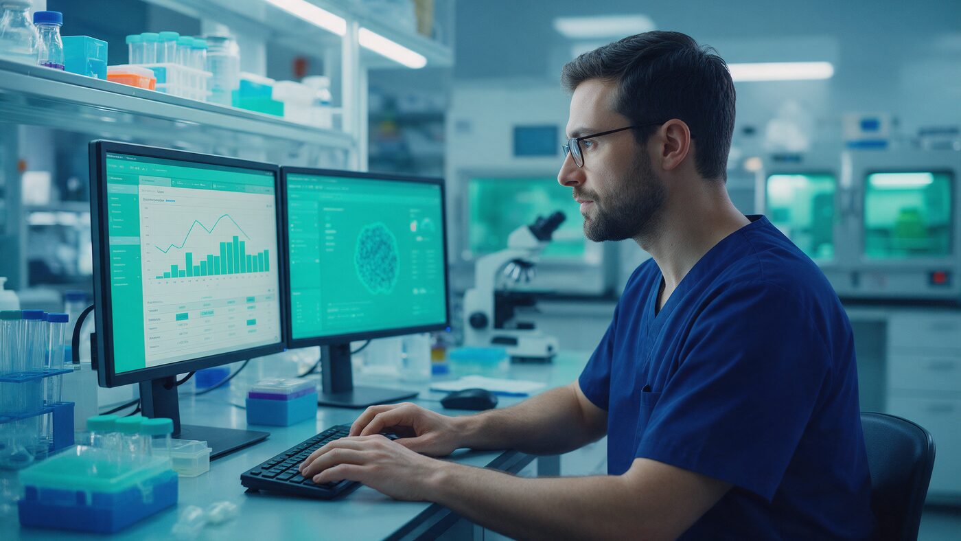 Revenue cycle analyst reviewing claim data beside a molecular laboratory bench