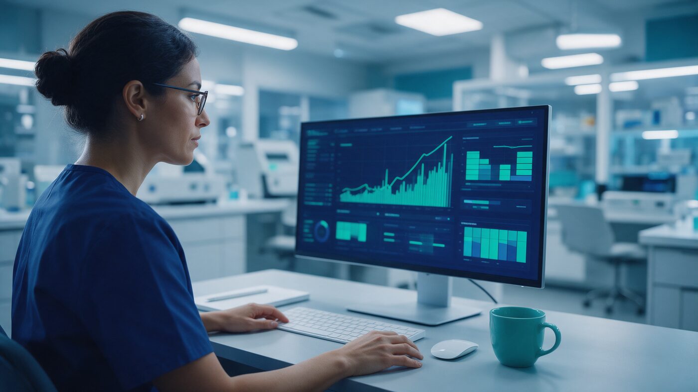Laboratory billing analyst reviewing claim edits at a workstation in a diagnostics lab office