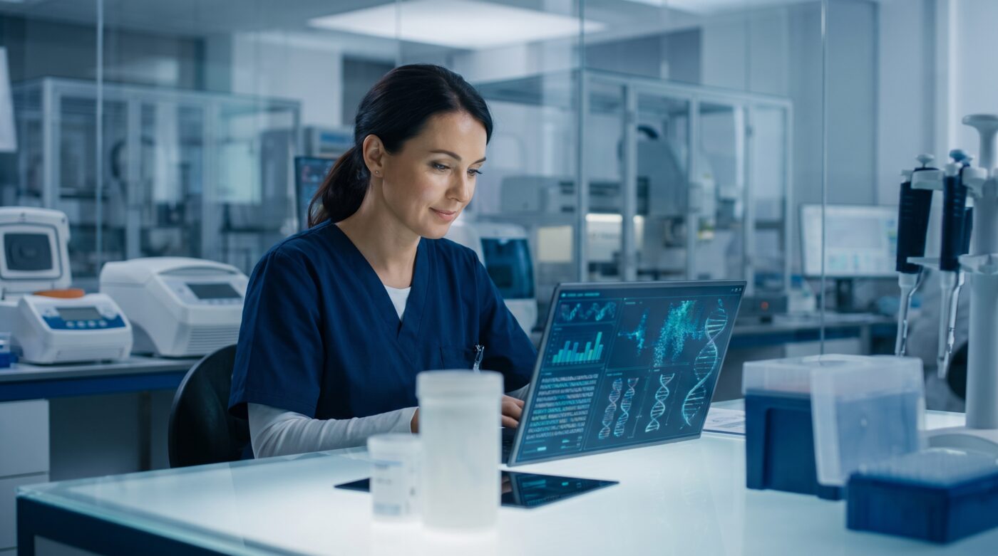Laboratory scientist reviewing HLA genotyping and DNA data visualizations on a laptop in a modern genomics lab