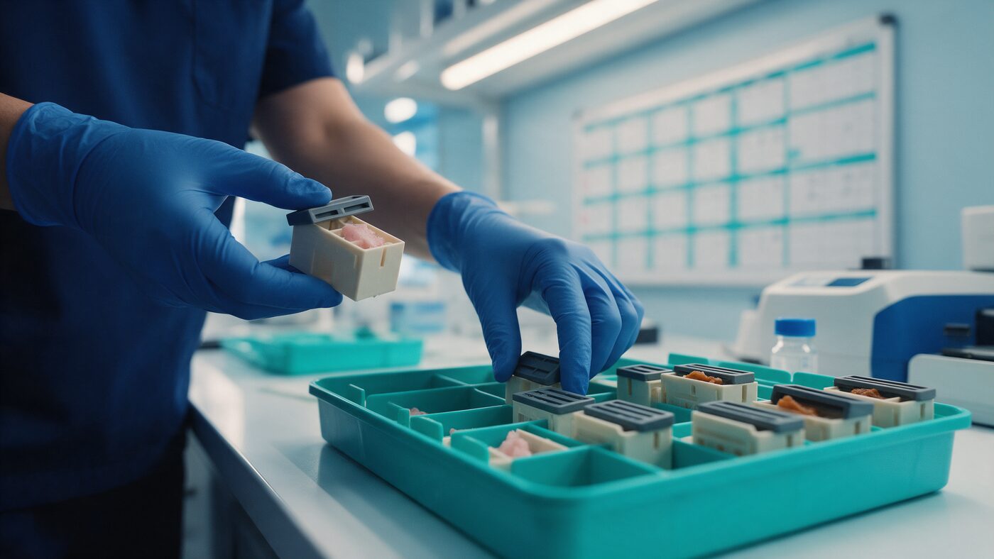 Laboratory professional placing a tissue cassette into a storage tray in a modern molecular pathology lab
