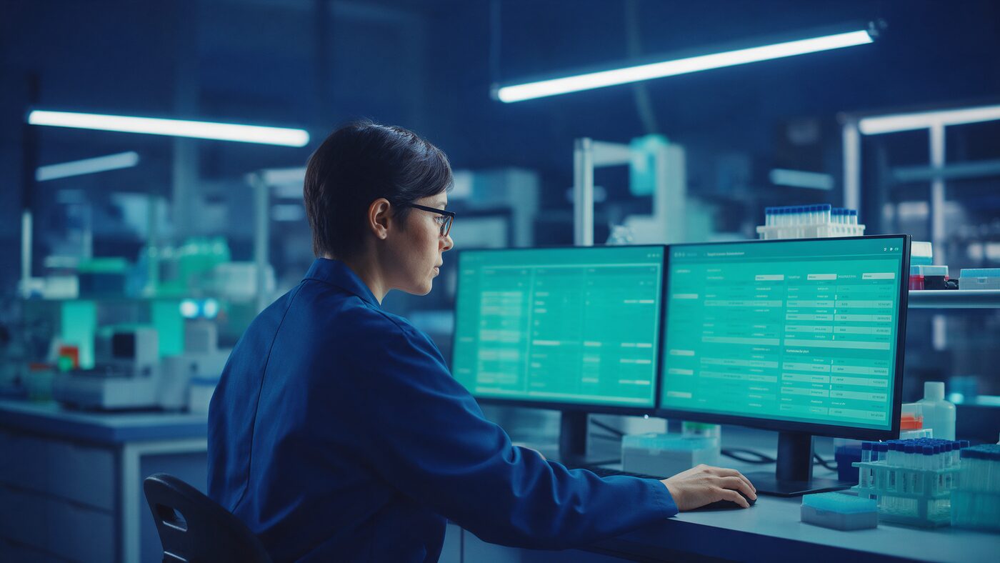 Laboratory billing analyst reviewing claim reports at dual monitors beside a molecular lab bench