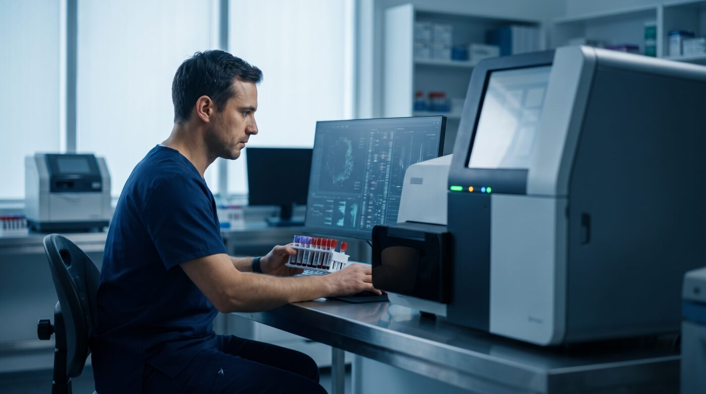 Clinical laboratory scientist reviewing genomic diagnostic data near a sequencing instrument, navy and teal editorial photograph representing Medicare multi-cancer early detection policy