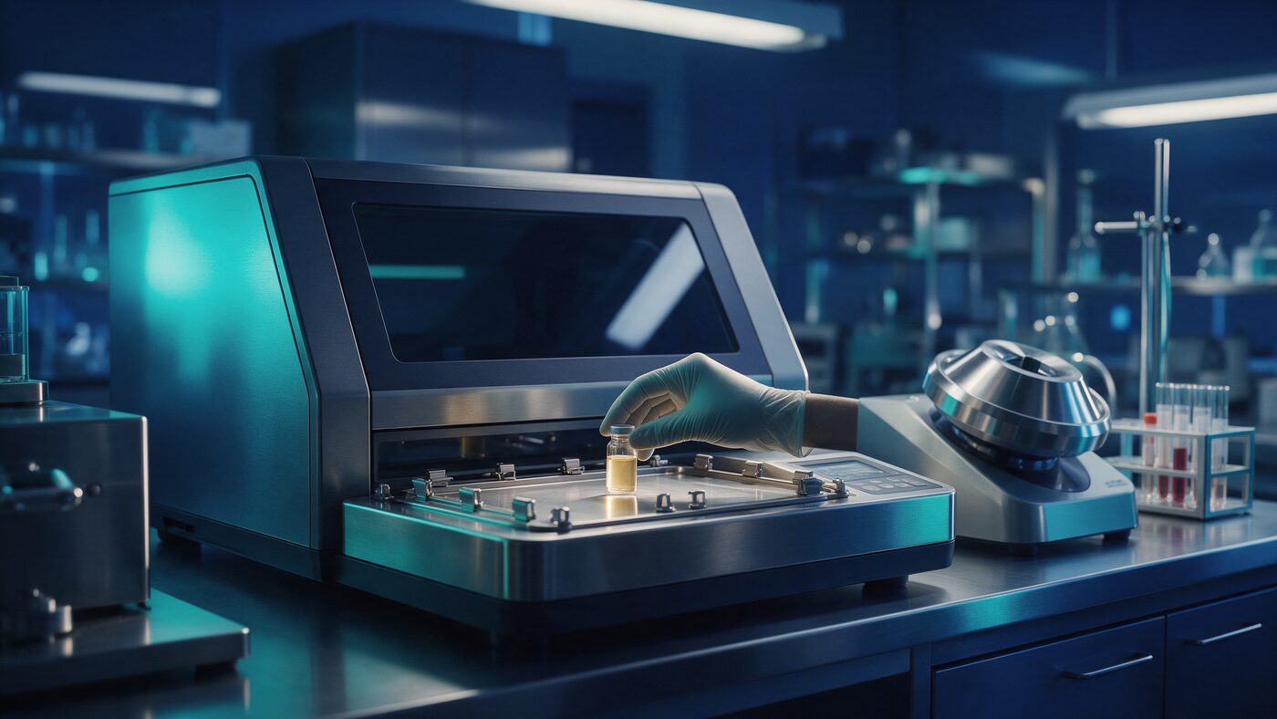 Gloved hands loading blood plasma sample tubes into a liquid biopsy sequencing instrument, lit in navy and teal tones