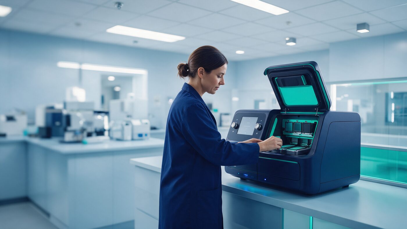 Laboratory scientist loading a next-generation sequencing instrument in a modern molecular lab
