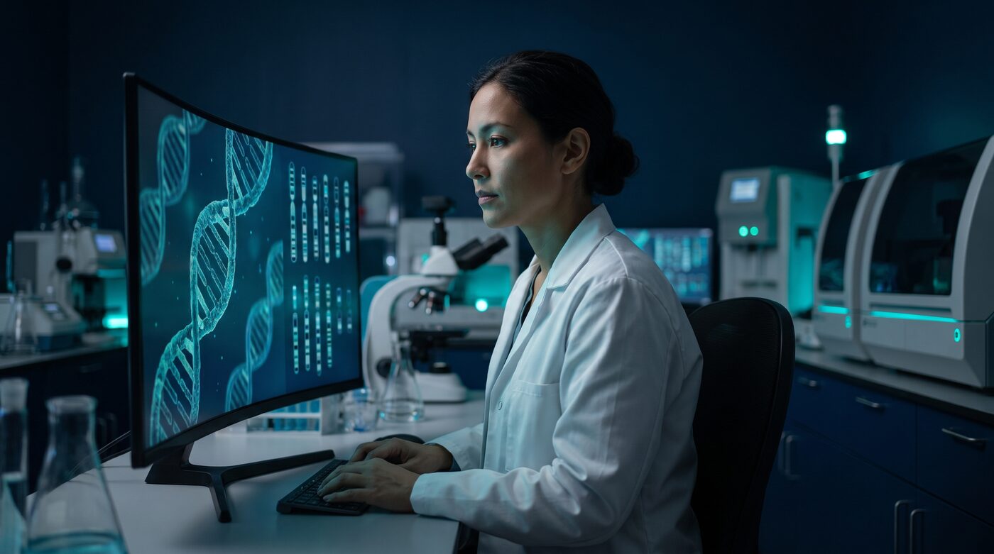 Molecular pathology laboratory scene in navy and teal tones representing genomic sequencing and coverage policy analysis