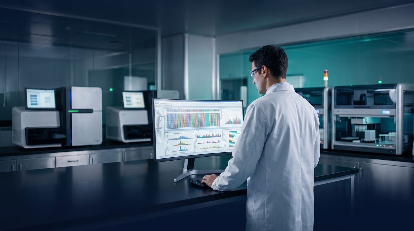 Genomics laboratory scientist reviewing molecular sequencing data on a monitor, navy and teal editorial photograph