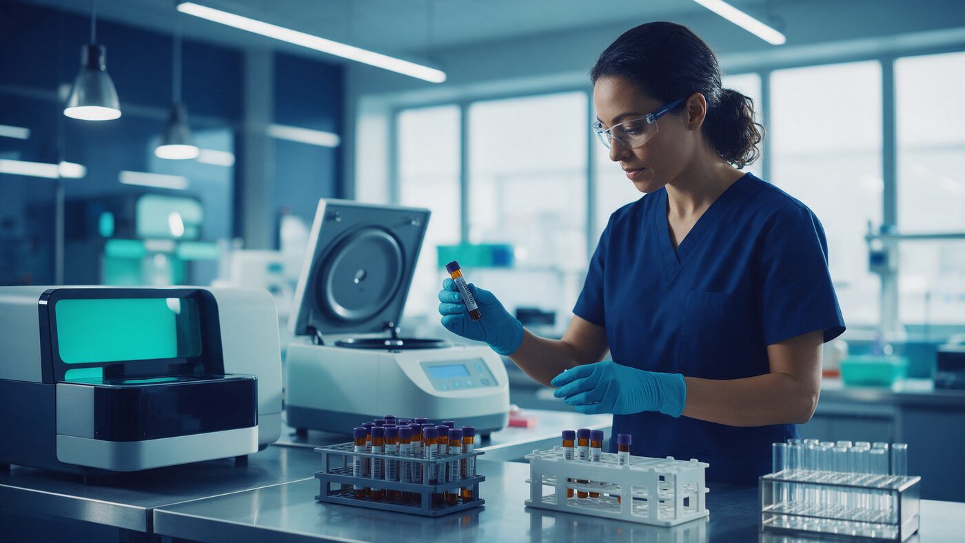 Navy and teal editorial photograph of a molecular laboratory scientist handling genetic testing samples, symbolizing hereditary amyloidosis genetic testing