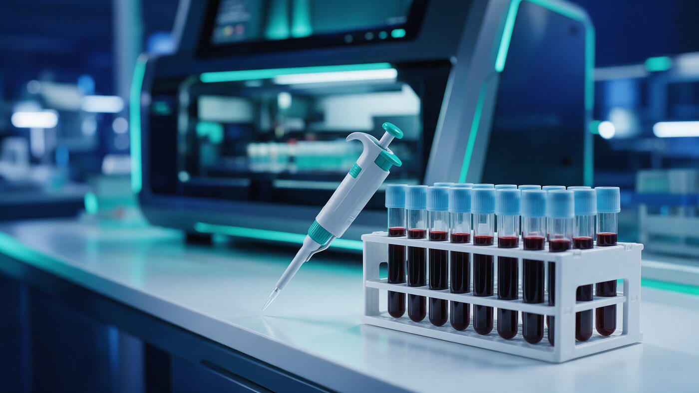 Editorial photograph in deep navy and teal of a hematology and molecular diagnostics lab bench with blood collection tubes and a blurred sequencer