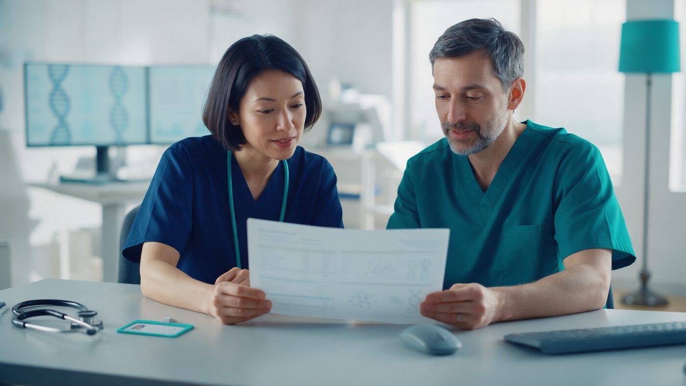 Genetic counselor and oncologist reviewing a hereditary cancer test report together at a clinic desk