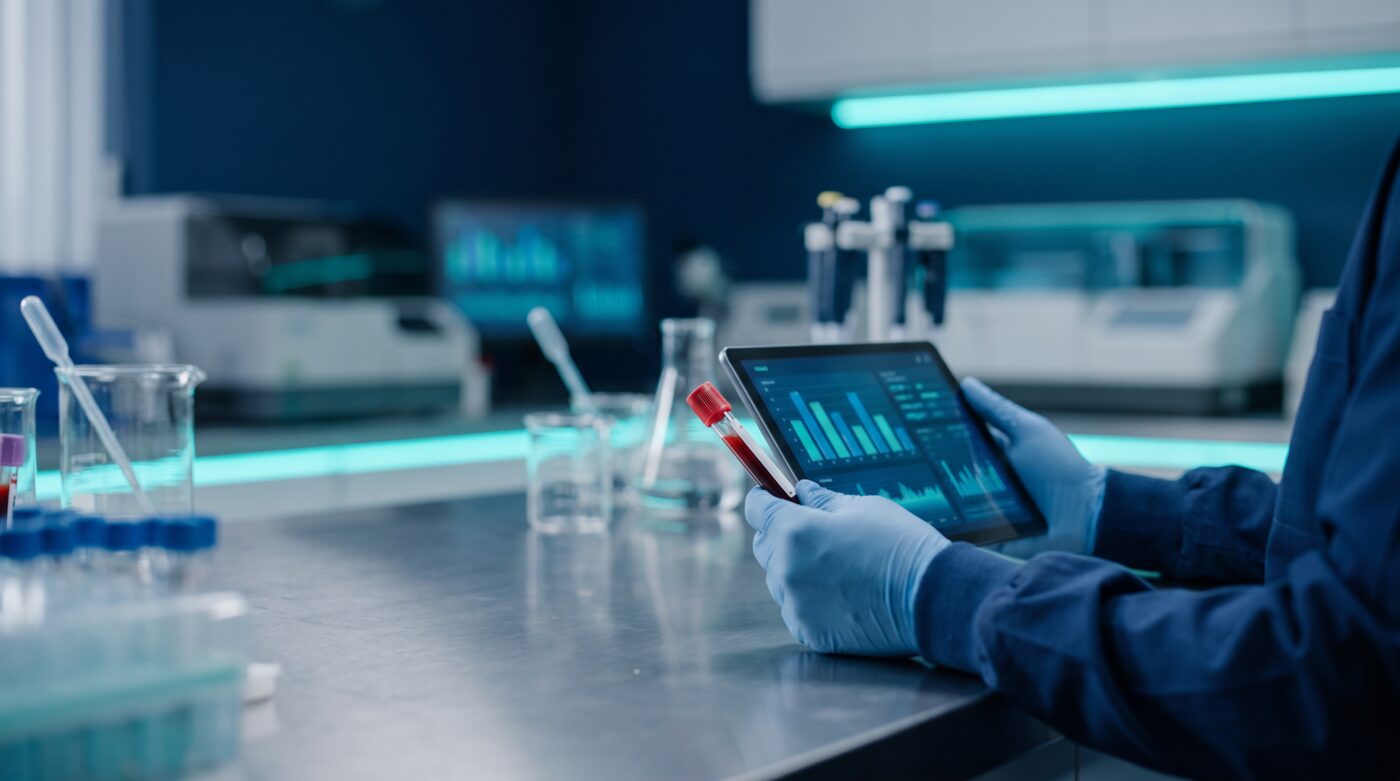 Clinical laboratory scientist reviewing a blood specimen and fibrosis biomarker results at a hospital lab bench