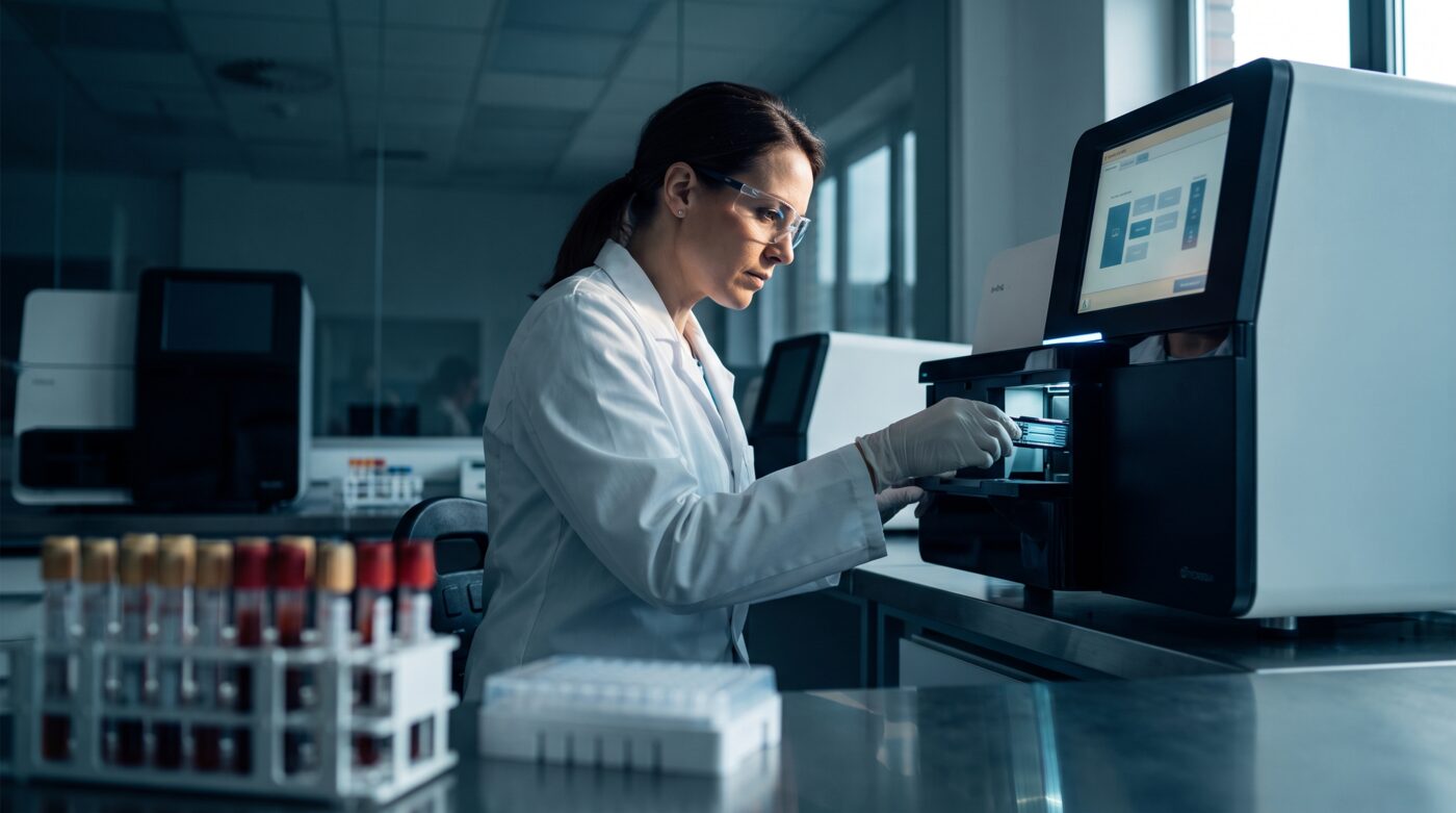 Molecular diagnostics laboratory scientist loading a next-generation sequencing instrument, blood collection tubes in the foreground, under navy and teal editorial lighting