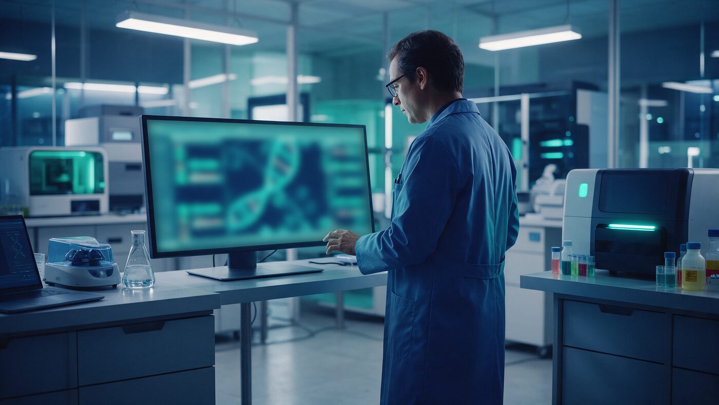 Molecular genetics lab scientist in navy and teal editorial lighting reviewing DNA sequencing data on a monitor