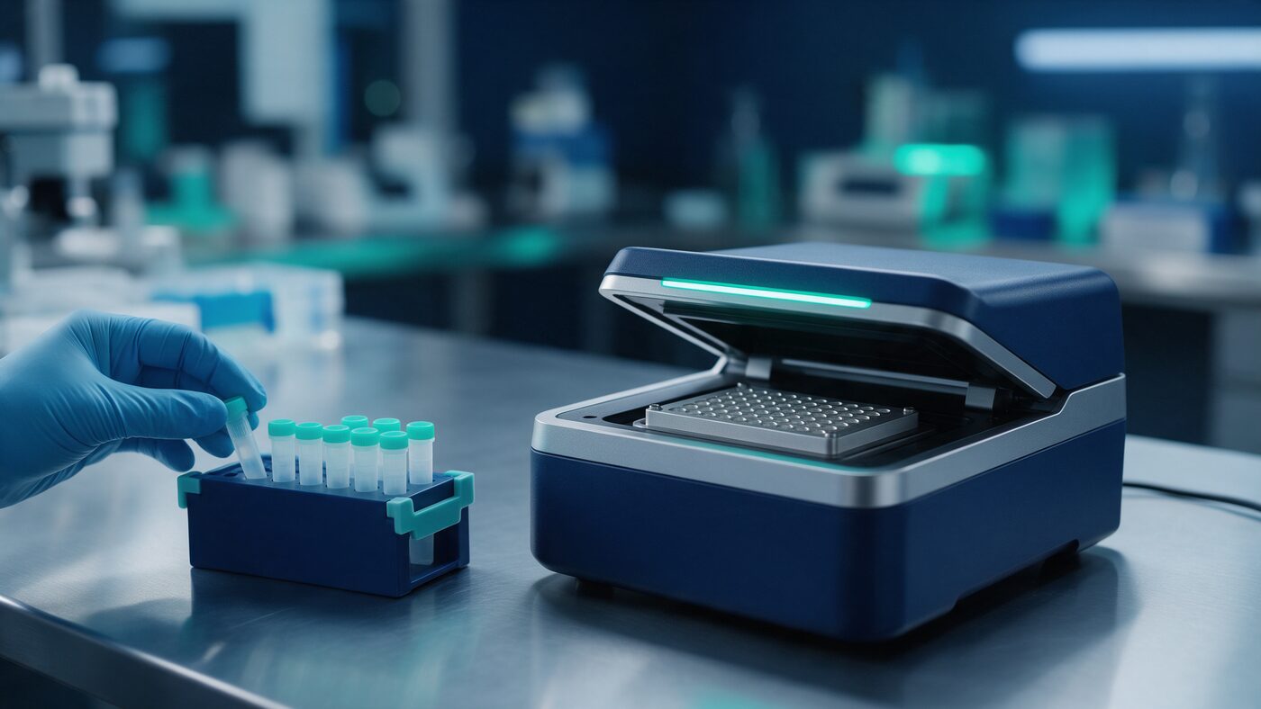 Editorial photograph in deep navy and teal of a molecular diagnostics lab bench with a benchtop PCR instrument and sample tubes