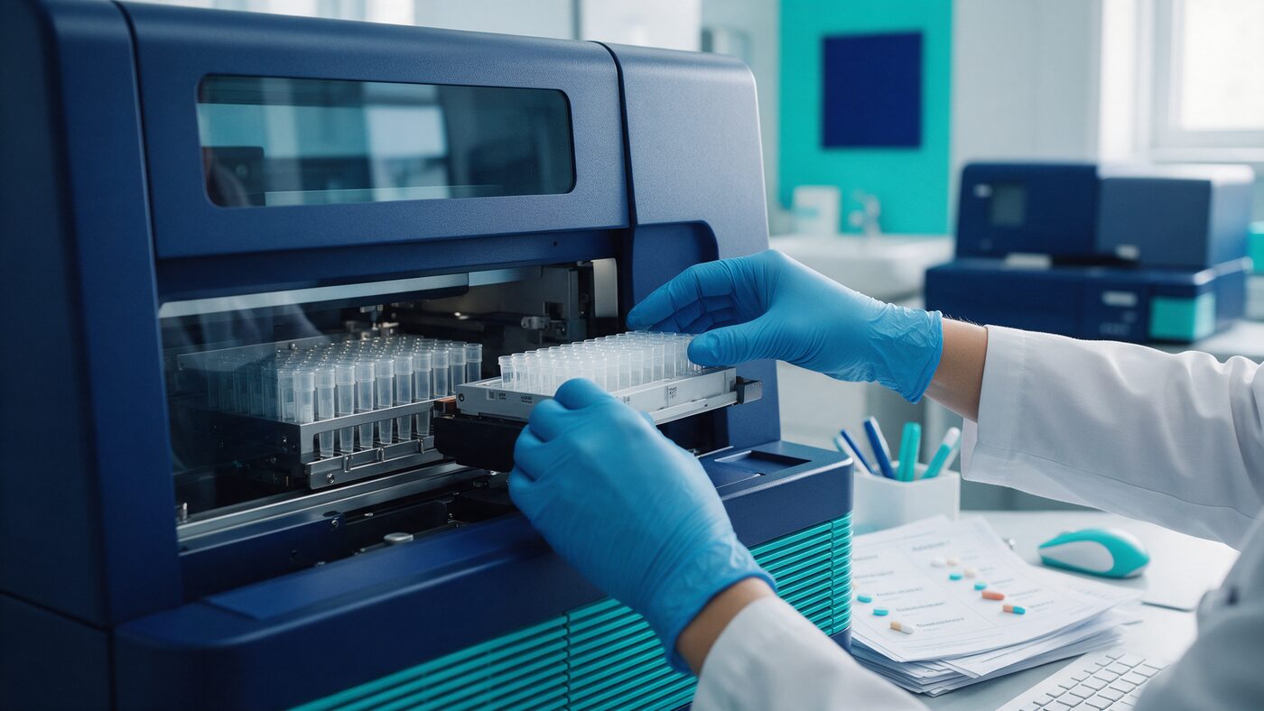 Gloved hands loading a sample tray into a DNA genotyping instrument in a clinical laboratory