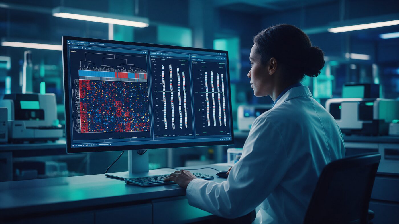 Scientist in a lab coat reviewing DNA sequencing and chromosome data on a monitor in a clinical genomics laboratory