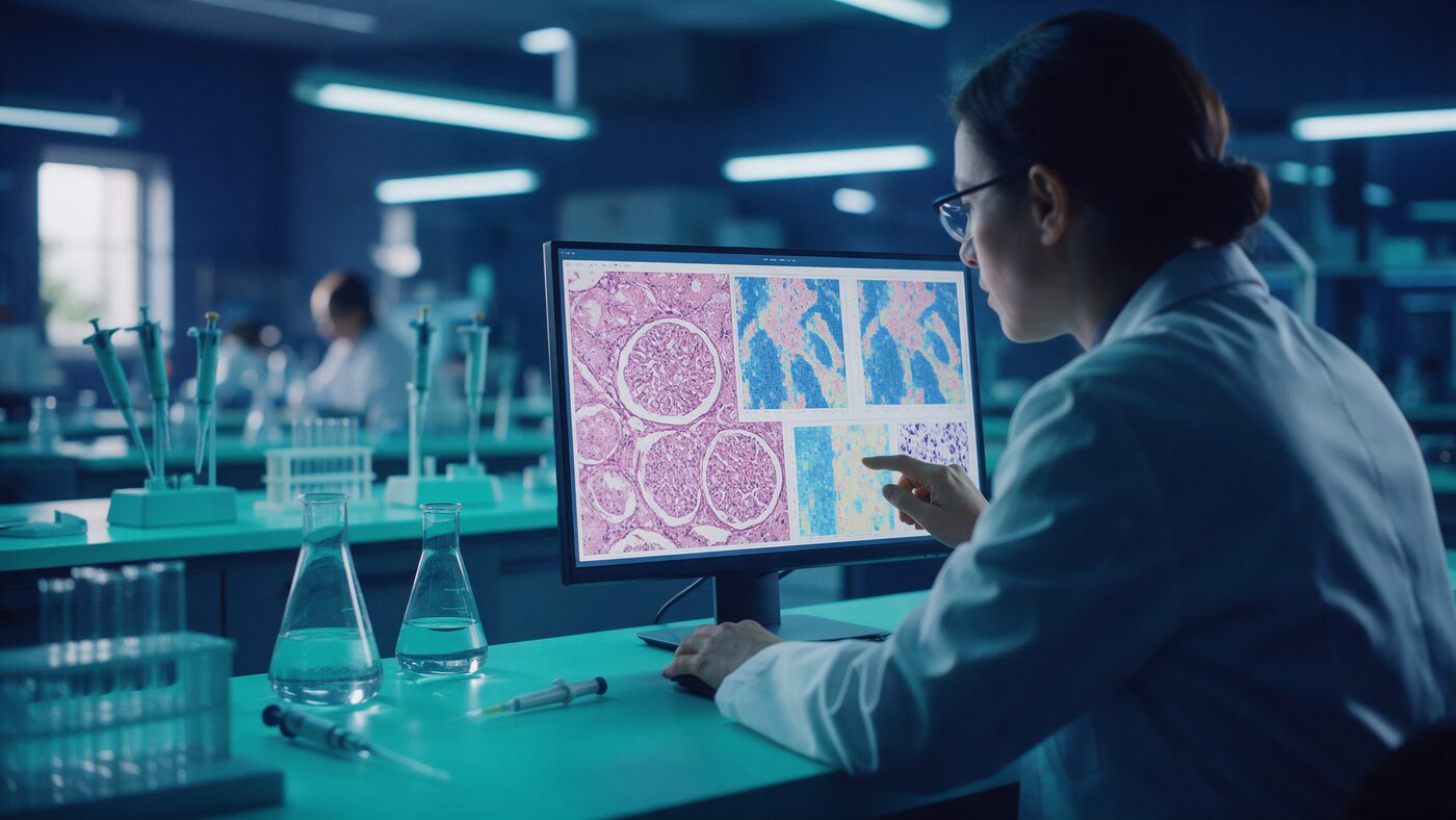 Molecular pathology lab scientist reviewing genomic biomarker data on a monitor in a navy-and-teal toned clinical laboratory