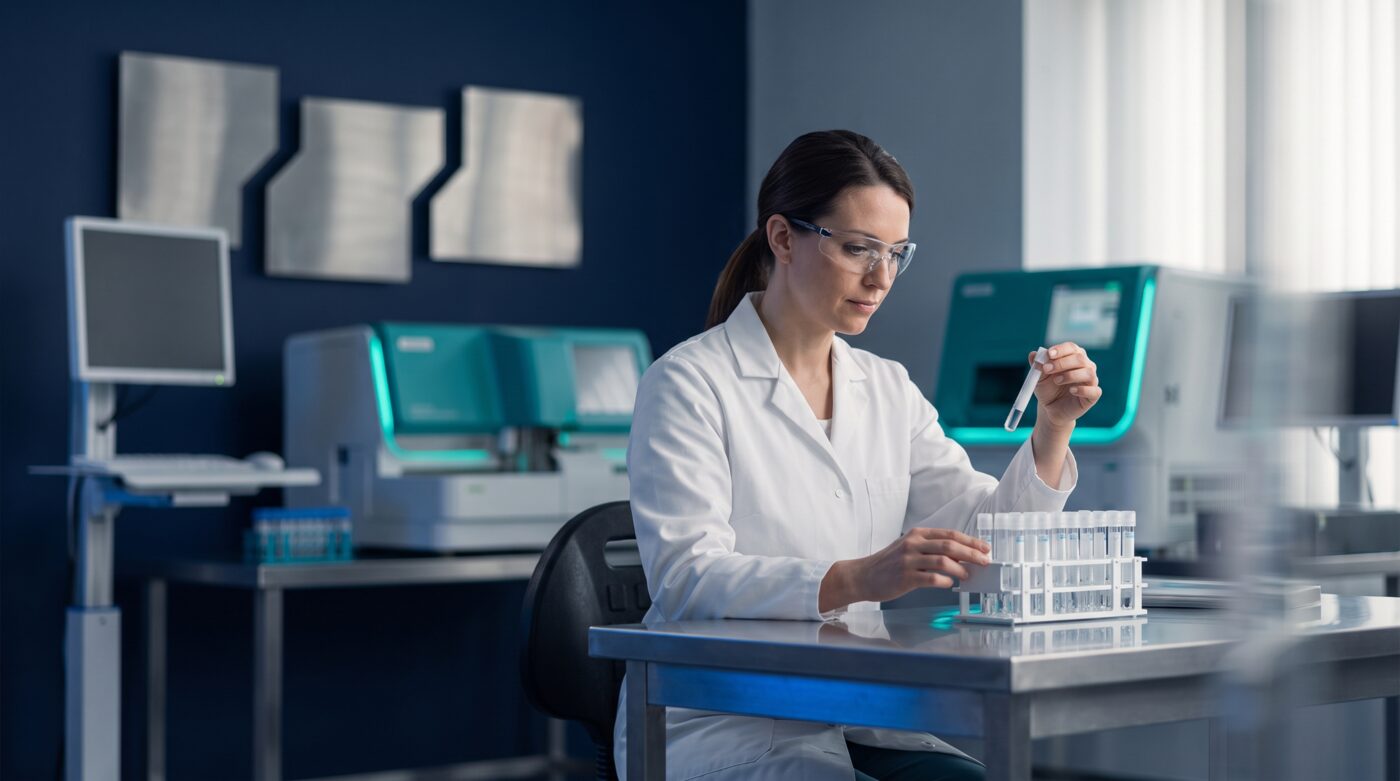 Clinical laboratory scientist reviewing blood collection tubes at a molecular diagnostics bench under navy and teal lighting