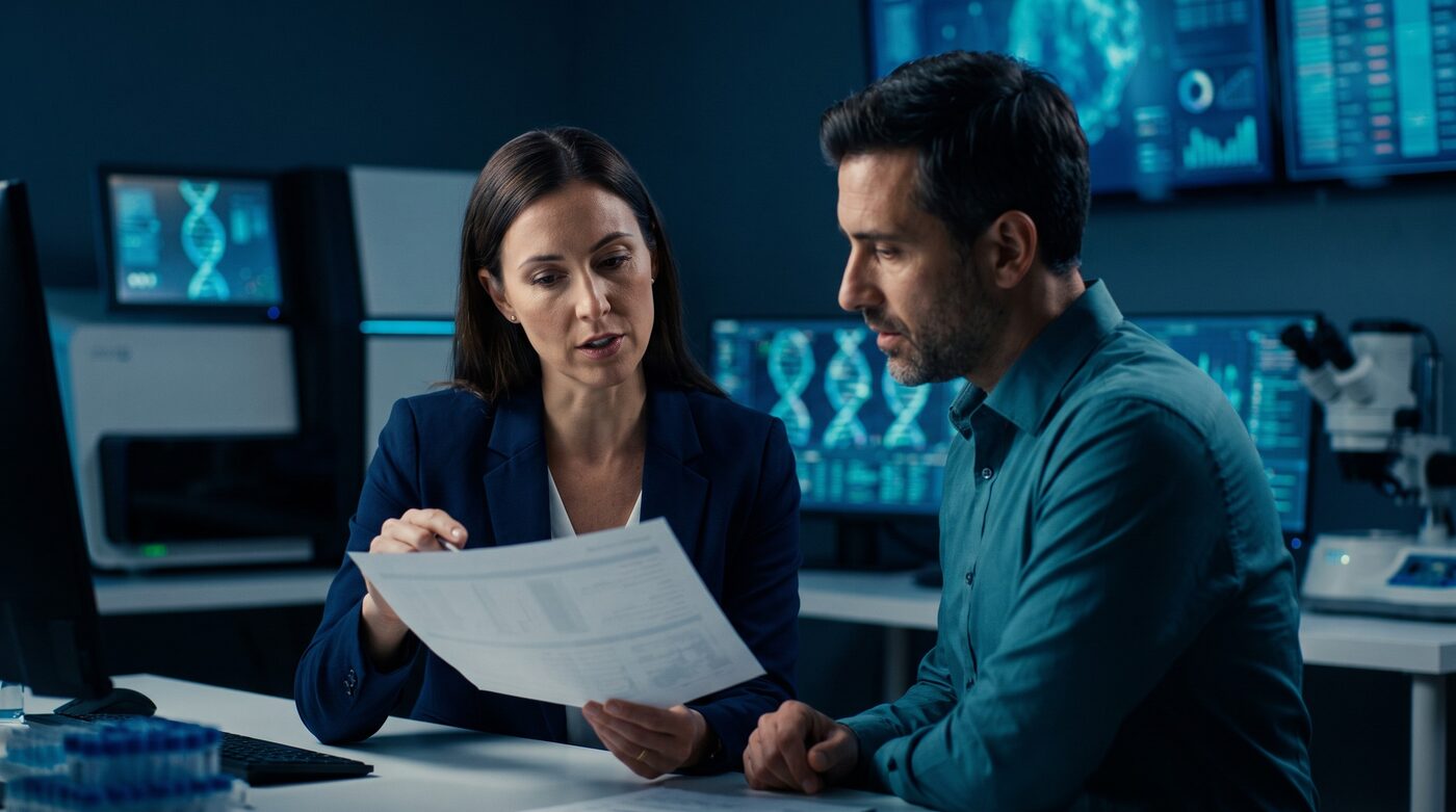 Genetic counselor and physician reviewing a molecular test report in a clinical genomics laboratory, navy and teal editorial photography